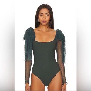 Free People Intimately‎ Free Tongue Tied Green Gables sheer sleeve Bodysuit new